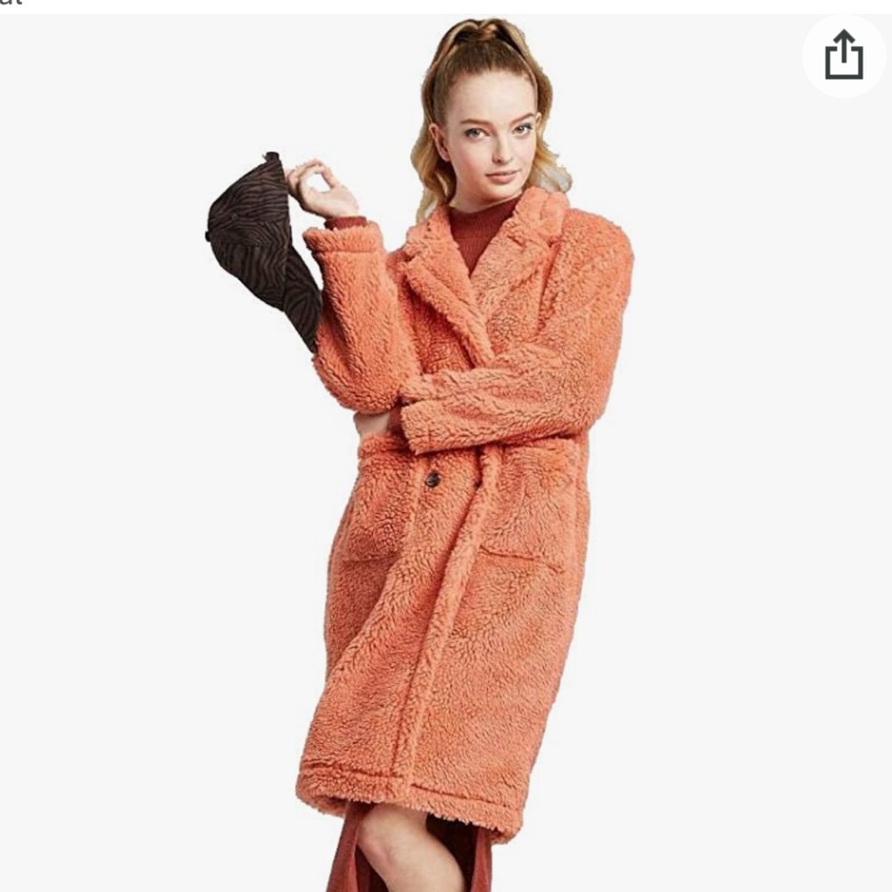 NWT Women's Long Sleeve Button Front Sherpa Pea Coat - Willd Fable Coral- L